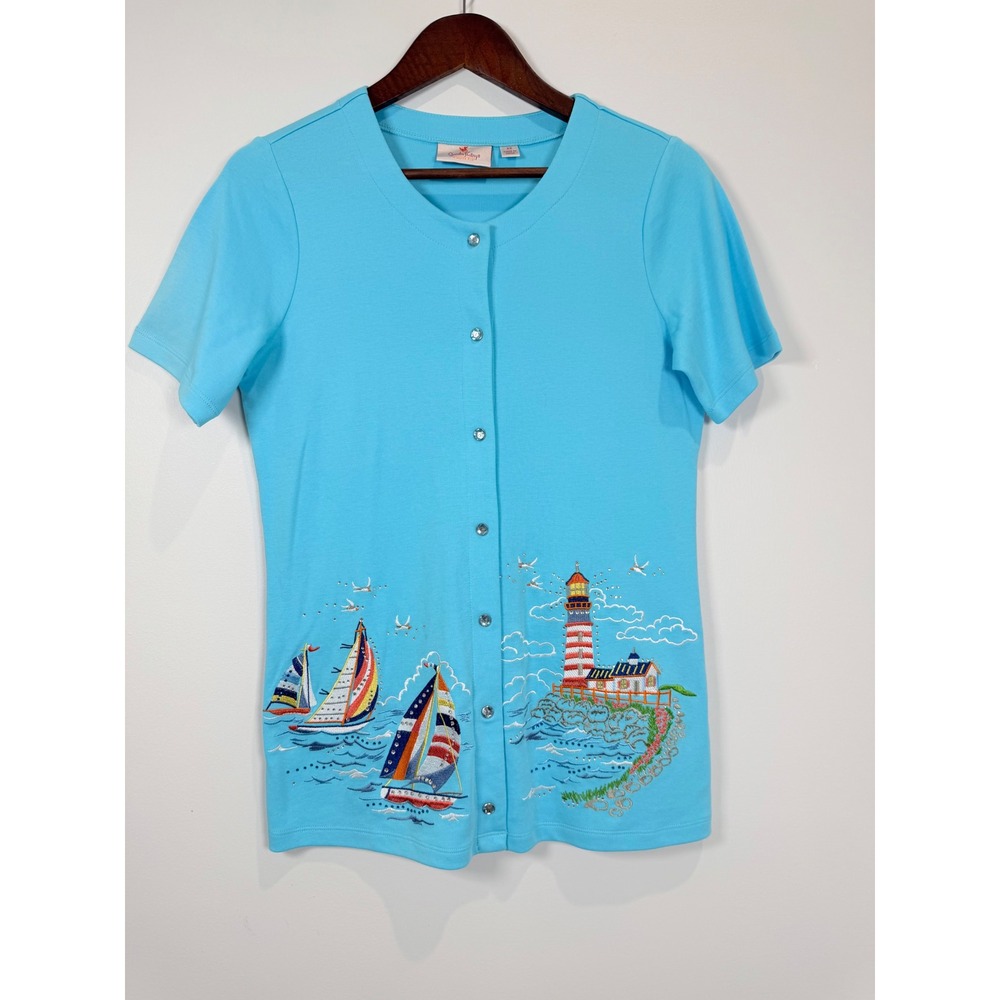 Quacker Factory Nautical Sailboat Lighthouse Embroidered Blue Snap Cardigan XS